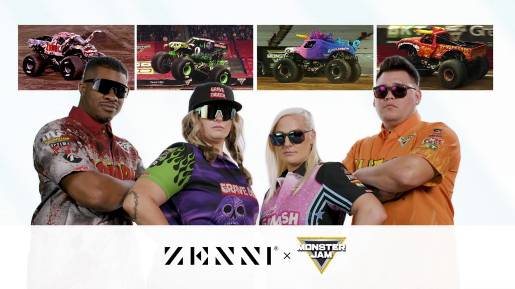 Four Monster Jam drivers pose while wearing Zenni glasses