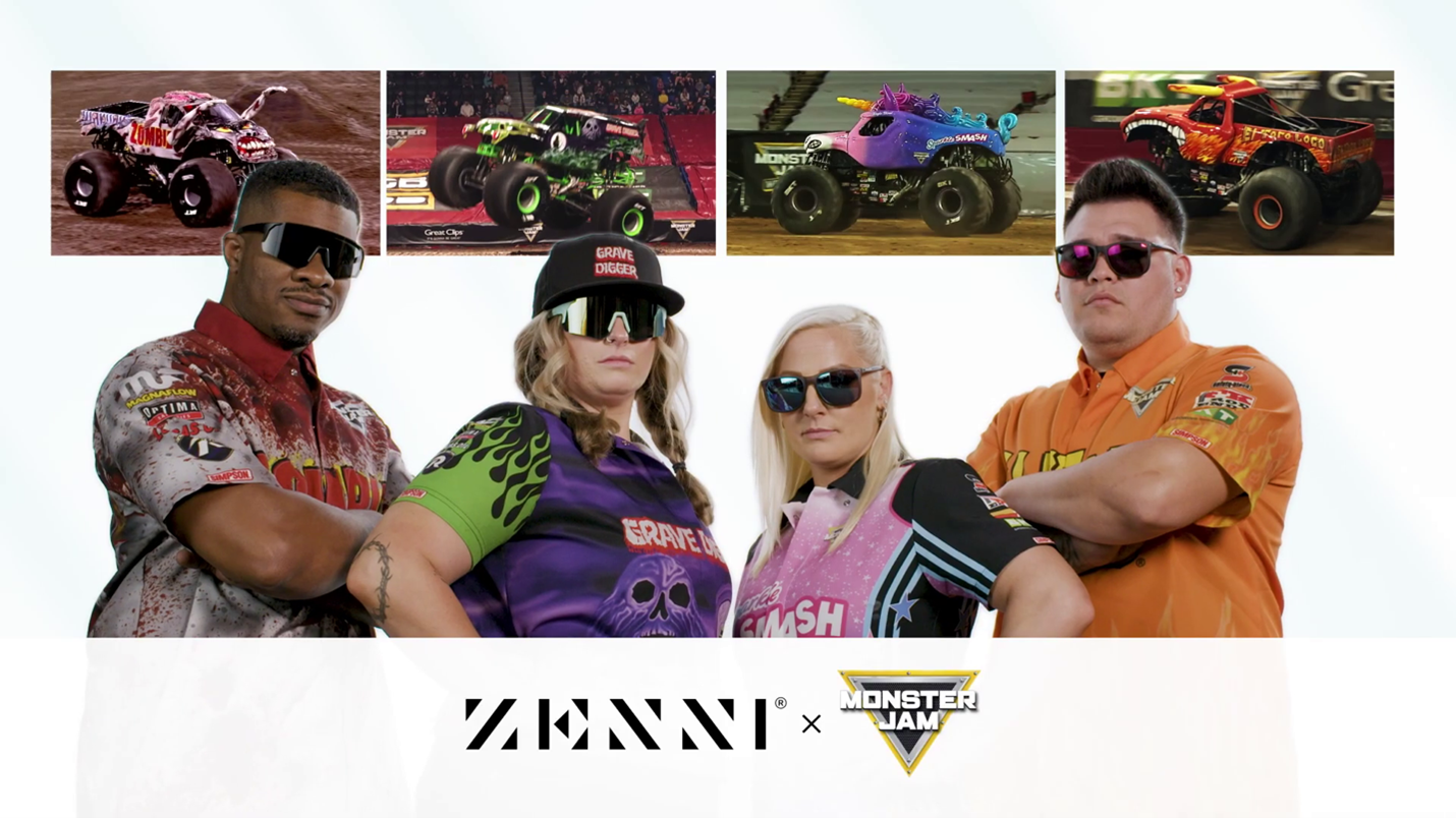 Four Monster Jam drivers pose while wearing Zenni glasses